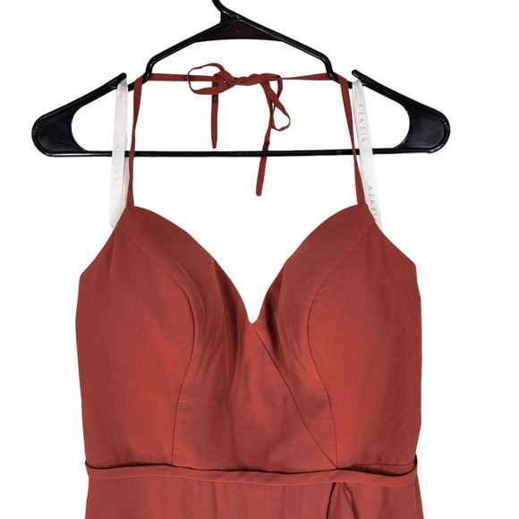 Azazie Halter Maxi Dress sz 10 Women Caramel Burnt Orange Front Slit Ruffle READ - Picture 3 of 12